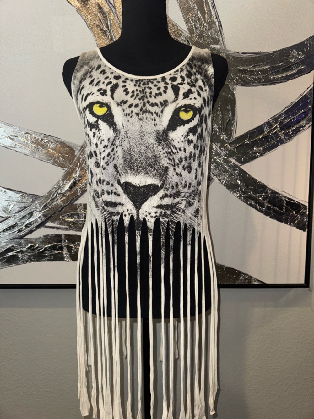 Body Central Black & White Leopard Fringe Tank with Yellow Eye Detail